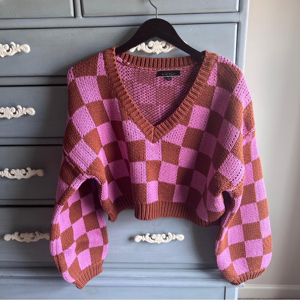 Pink and Brown Checkered Women's Sweater